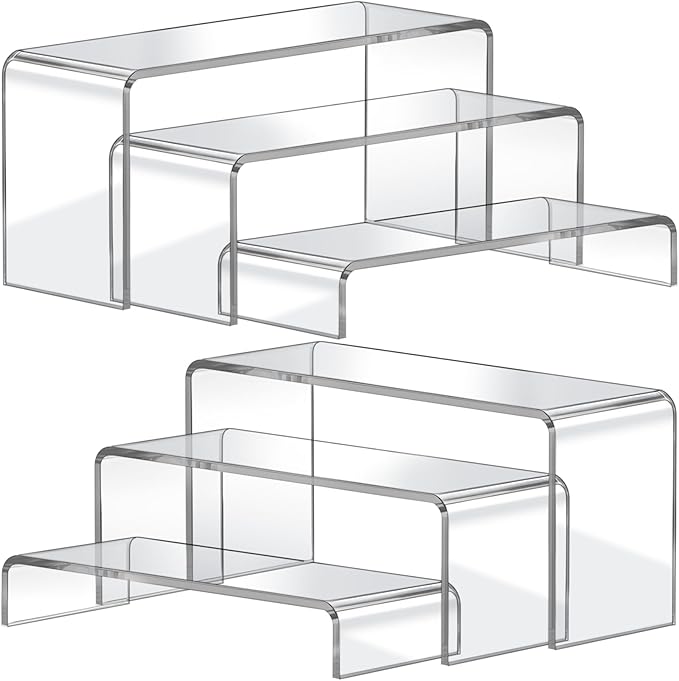 FUNFERY Acrylic Display Risers,2 Sets(7.8" L~8.2" L~8.6" L) Display Stand Shelf for Figure,Collectibles,Cupcake,Clear Acrylic Risers for Displays Case Cabinet,Dessert Table,Shelf Riser for Decor,Food