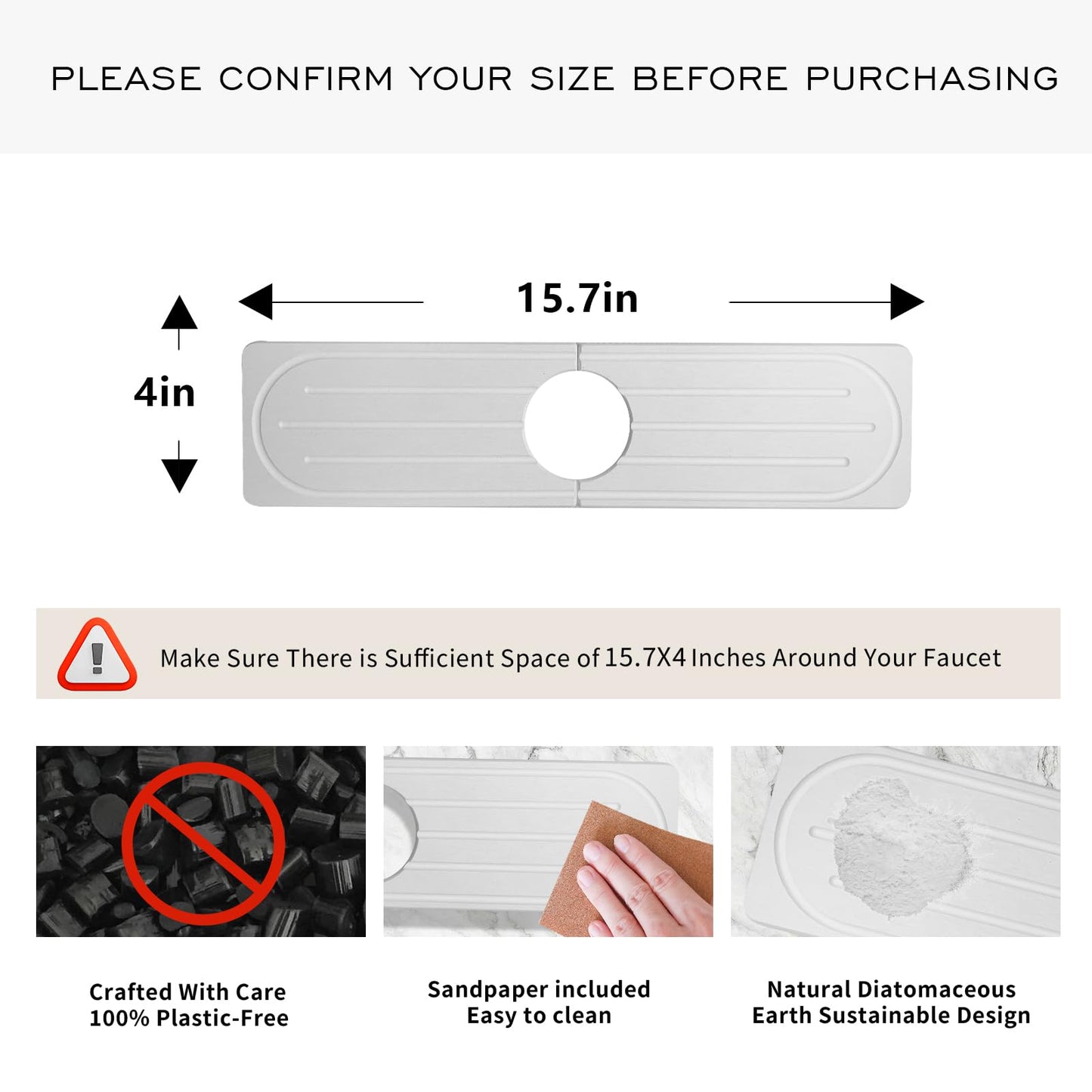 ITTIDYYD Stone Faucet Mat for Kitchen Sink, Diatomite Fast Drying Absorb Moisture Tray, Prevents Water Buildup, Durable Anti-slip Splash Guard Sink Protector (White, 15.7"x4")