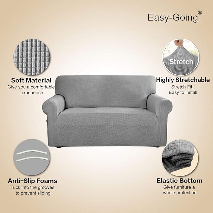 Easy-Going Stretch Sofa Slipcover 1-Piece Sofa Cover Furniture Protector Couch Soft with Elastic Bottom for Kids, Polyester Spandex Jacquard Fabric Small Checks (Sofa, Light Gray)