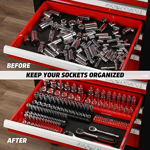 AIRTOON 8-Piece Socket Organizer Trays, SAE and Metric Socket Tray Set, 1/4", 3/8", and 1/2" Drive Deep and Standard Socket Holders Organizers for Toolbox, Black & Red