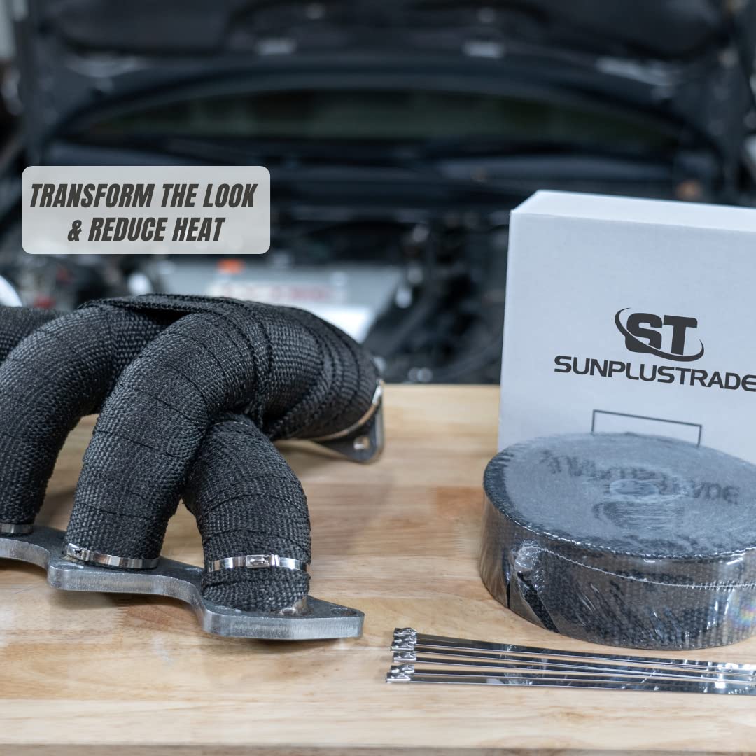 SunplusTrade 2" x 50' Black Exhaust Heat Wrap Roll for Motorcycle Fiberglass Heat Shield Tape with Stainless Ties