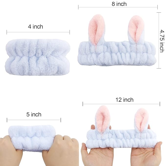 YISSION Cute Bunny Ear Spa Headband and Wristband Set for Women and Girls - Soft Plush Makeup Headband with Wrist Towels for Face Washing, Skincare, Shower, Easter Party Favors (White & Blue)