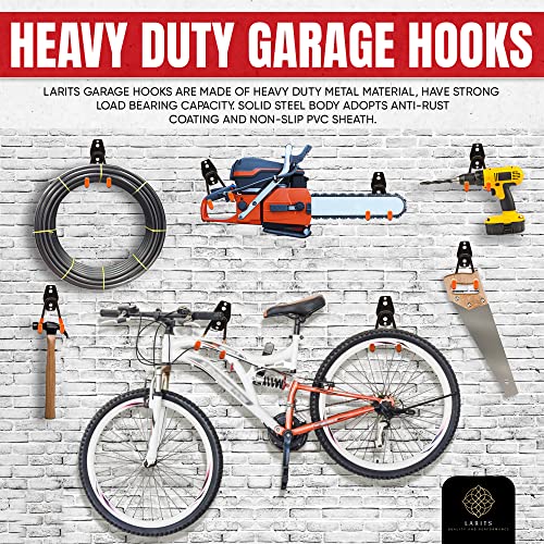 LARITS Garage Hooks for Hanging - 12 Garage Storage Hooks and 2 Cord Straps- 14-Piece Set