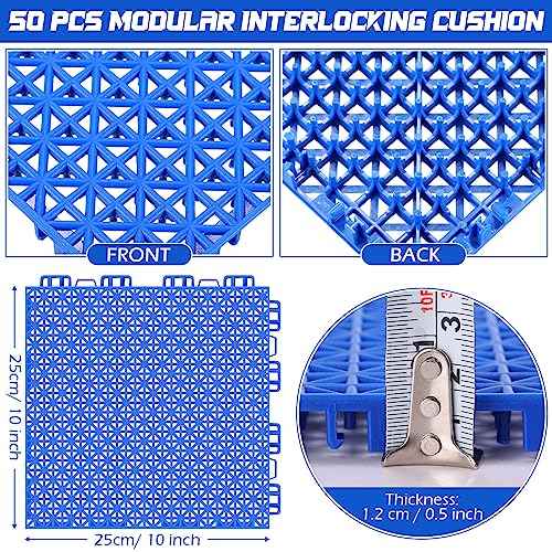 Huwena 50 Pcs Modular Interlocking Cushion Floor Tiles 10 x 10 Inch Non Slip Pool Floor Mat Blue Interlocking Rubber Draining Flooring Tiles with Hole for Drain Deck Patio Balcony Shower Kitchen