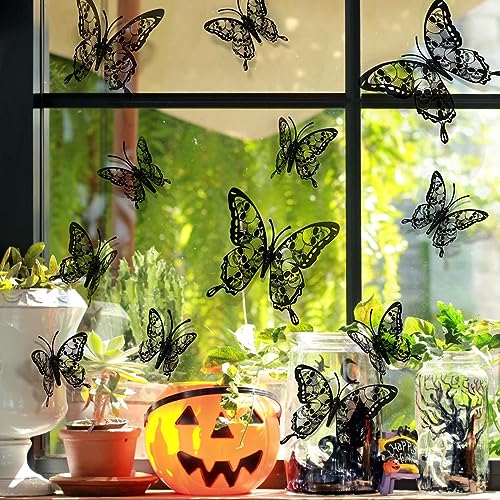 12PCS Butterfly Wall Stickers, 3D Double-Layer Skull Butterflies Wall Decals Halloween Wall Decor Gothic Black Butterfly Design Halloween Wall Stickers for Home Room Bedroom Festival Party Decoration
