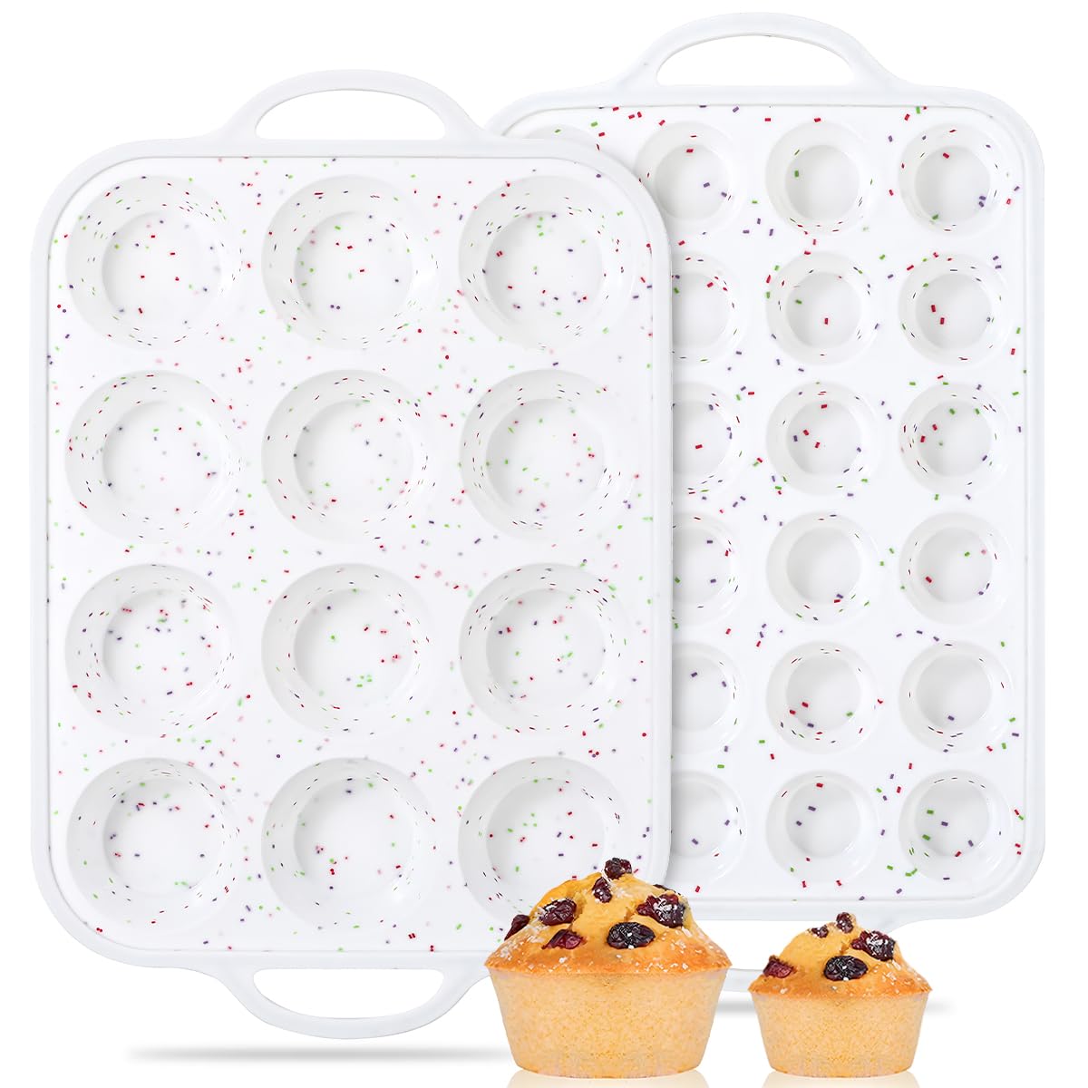 CAKETIME 12 Cups & 24 Cups Silicone Muffin Pan with Metal Frame, Regular & Mini Muffin Pan Set for Baking 2 Pack
