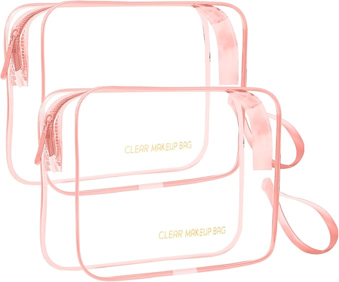 Clear Makeup Bag,2 Pack TSA Approved Toiletry Bag Travel Toiletry Bag Hanging Makeup Cosmetic bag for Women Men (Pink)