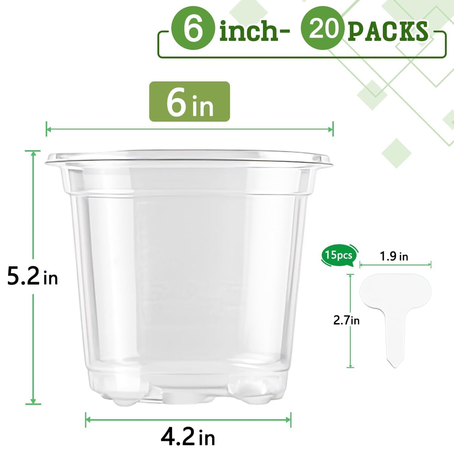 SupKing 6 Inch Clear Nursery Pots,20 Packs Large Plastic Seed Starters Durable Orchid Flower Pots with Drainage Holes for Transplanting Succulents Cuttings Seedlings Bonus 15 Labels