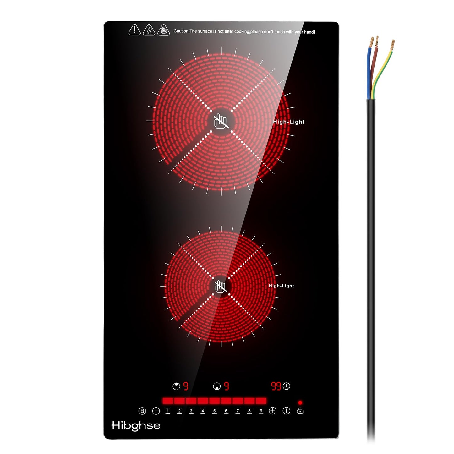 Hibghse 2 Burner Electric Cooktop, 12 Inch Built-in Electric Stove Top 3200W, 9 Power Levels, Touch Control, Timer & Child Lock, 220-240V, Over-Temperature Protection, Hard Wired(No Plug)
