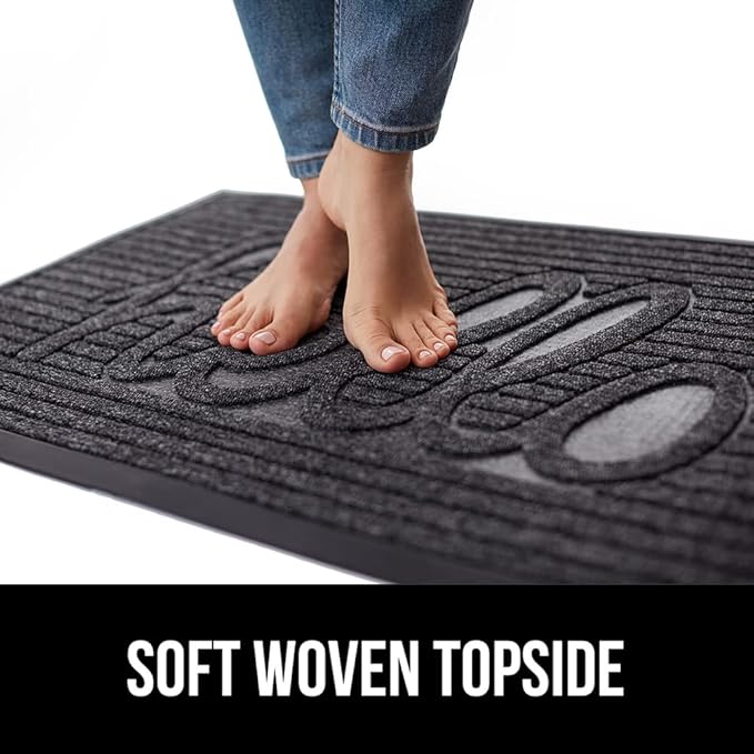 GORILLA GRIP 100% Waterproof All-Season WeatherMAX Doormat, 47x35, US Designed Natural Rubber, Stain and Fade Resistant, Low Profile Indoor Outdoor Door Mats, Easy Clean Patio Mat, Charcoal Hello