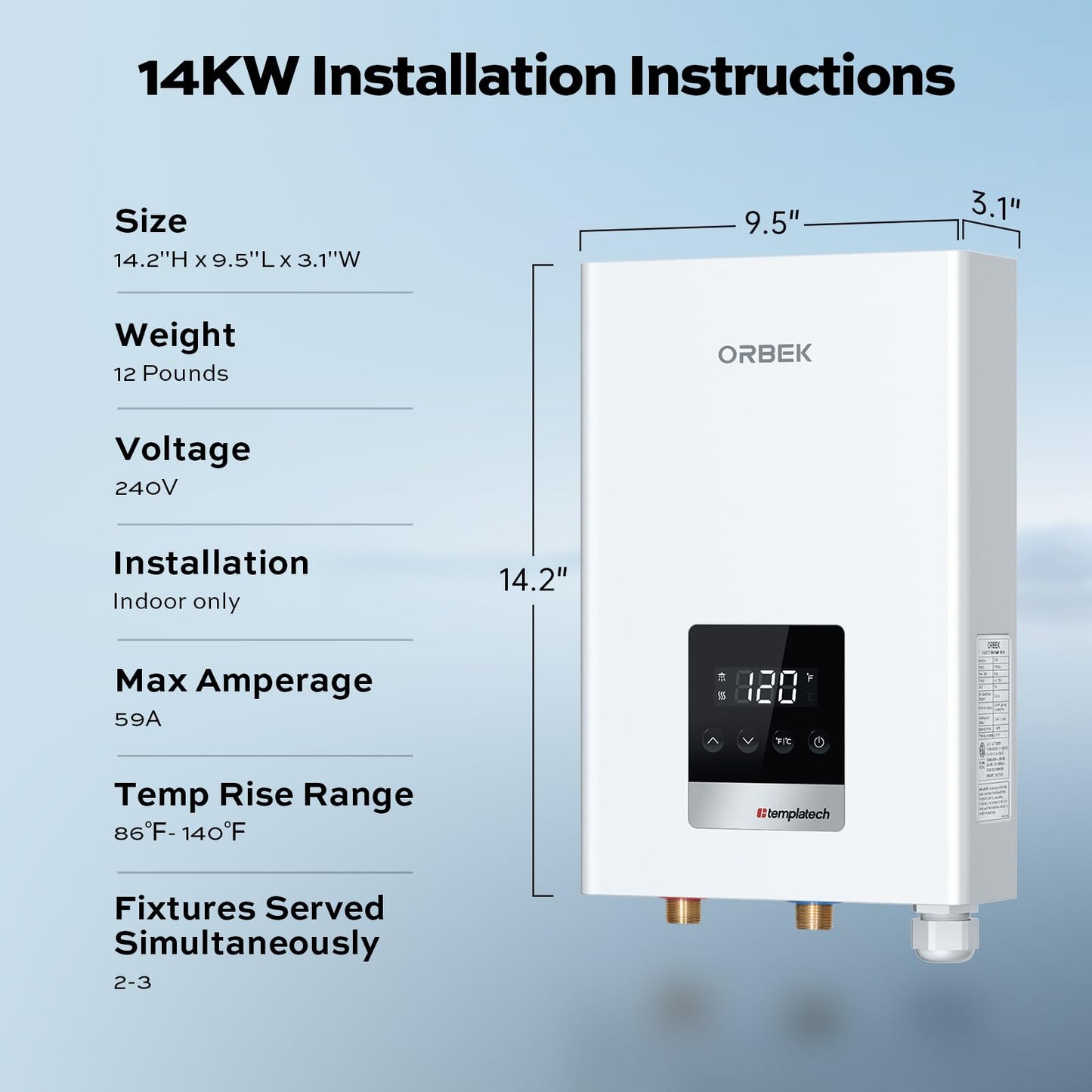 14kW Tankless Water Heater Electric, ORBEK On Demand Instant Hot Water Heater 240V, Max 3.38 GPM, Supply for 1-2 Fixtures, ETL Certified, Indoor Installation, New Upgraded 2.0
