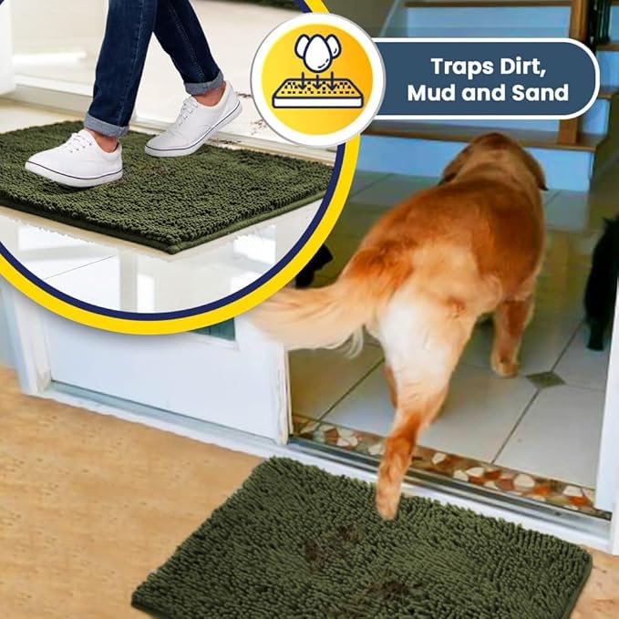 Muddy Mat® | Super Absorbent Door Mat Indoor, Microfiber Quick Dry Chenille Entryway Rug, Non-Slip Front Door Mat, Indoor Mats for Entryway, Machine Washable Pet Rug, Army Green 16"x24"