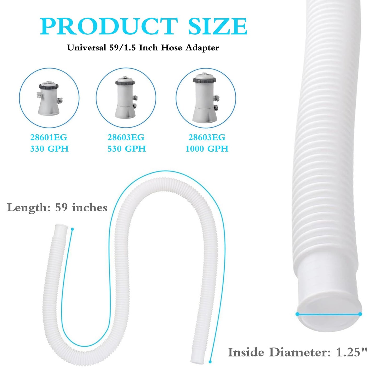 3 Pcs 1.25" Pool Hose, 59" Long Accessory Pool Pump Replacement Hoses, Compatible with All Above Ground Pool Filter Pumps that Use 1 1/4 Diameter Hoses