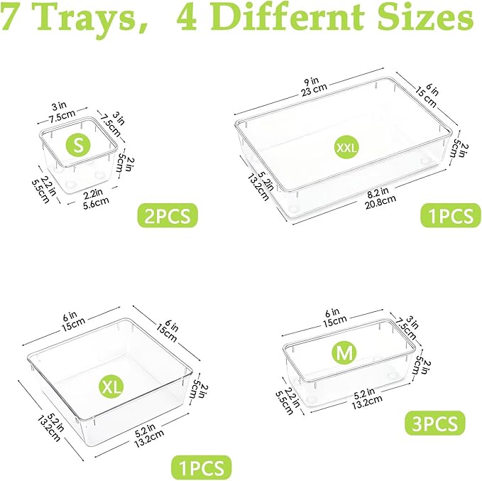 Clear Acrylic Drawer Organizer Trays, 5 Size Junk Box Organization Small Storage Container Bin for Desk Makeup Bathroom Vanity Kitchen Tool Make Up Workspace Home Dorm Apartment Office Room Nightstand