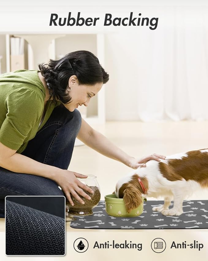 MontVoo Dog Food Mat-Pet Feeding Mat for Food and Water-No Stains Quick Dry Dispenser Cat Bowl Mat for Messy Drinkers(16"X24" Dark Grey)