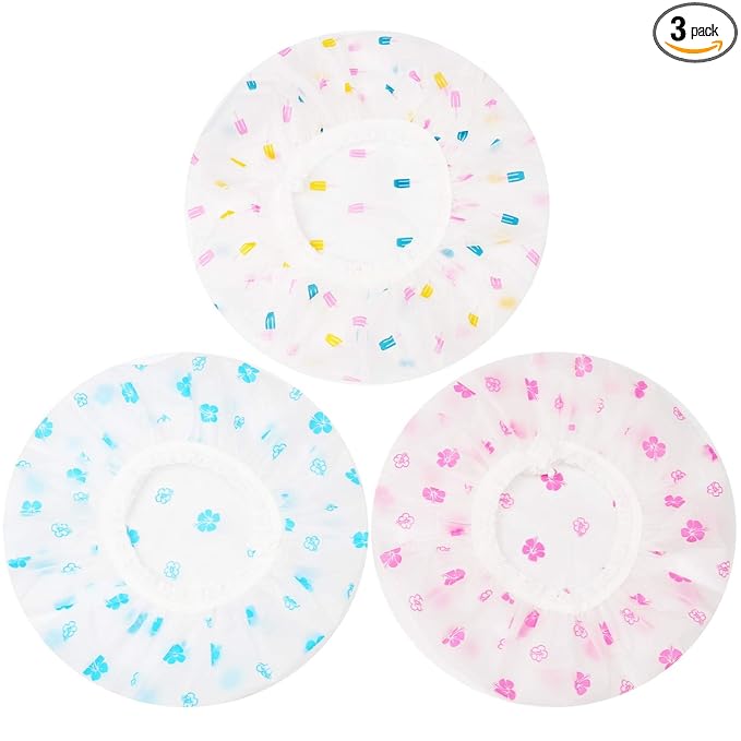 Shower Caps, 3 Pcs Waterproof Bath Caps Plastic Reusable Shower Caps Elastic Band Bath Hair Hat for Women Ladies Spa Salon