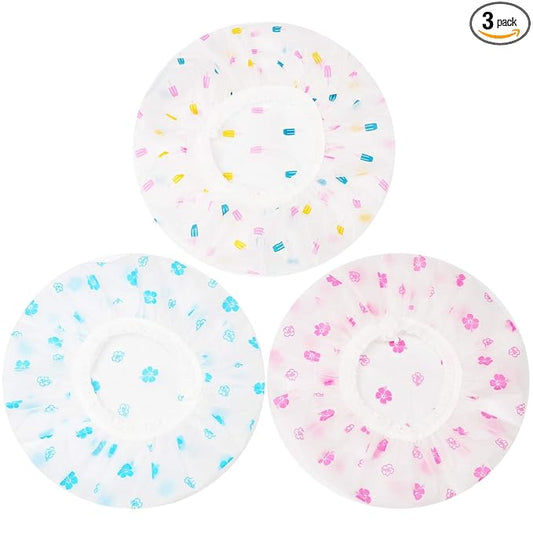 Shower Caps, 3 Pcs Waterproof Bath Caps Plastic Reusable Shower Caps Elastic Band Bath Hair Hat for Women Ladies Spa Salon