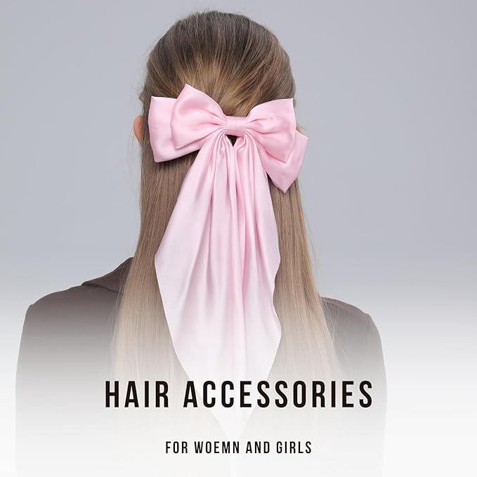 2PCS Big Hair Bow Clips for Women Girls Ã¢ÂÂ Pink Satin Ribbon Bow Barrettes with Long Tails, Large Cute Hair Accessories for Ponytail, Photoshoot & Everyday Styling