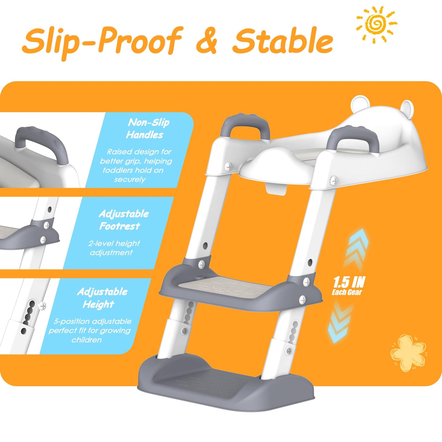 HBTower Potty Training Seat with Step Stool Ladder for Toddlers, Adjustable Kids Toilet Seat with Splash Guard, Anti-Slip Pads & Safety Handles, Comfortable Potty Chair for Boys & Girls (Grey)
