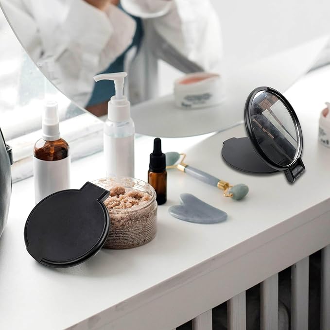 Tenalleys Mini Round Folding Mirror Portable Pocket Mirror Makeup Mirror for Purse Travel Makeup Mirror for Women Girls Daily Use (4 Pcs Black)
