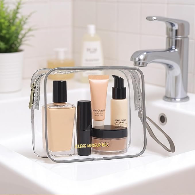 Clear Makeup Bag,2 Pack TSA Approved Toiletry Bag Travel Toiletry Bag Hanging Makeup Cosmetic bag for Women Men (Grey)