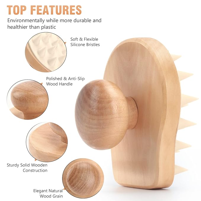 Scalp Massager Shampoo Brush, Wooden Wet and Dry Hair Scalp Care Brush, Shower Brush Scalp Scrubber Exfoliator with Soft Silicone Bristles for Dandruff Removal, Hair Growth (Beige)