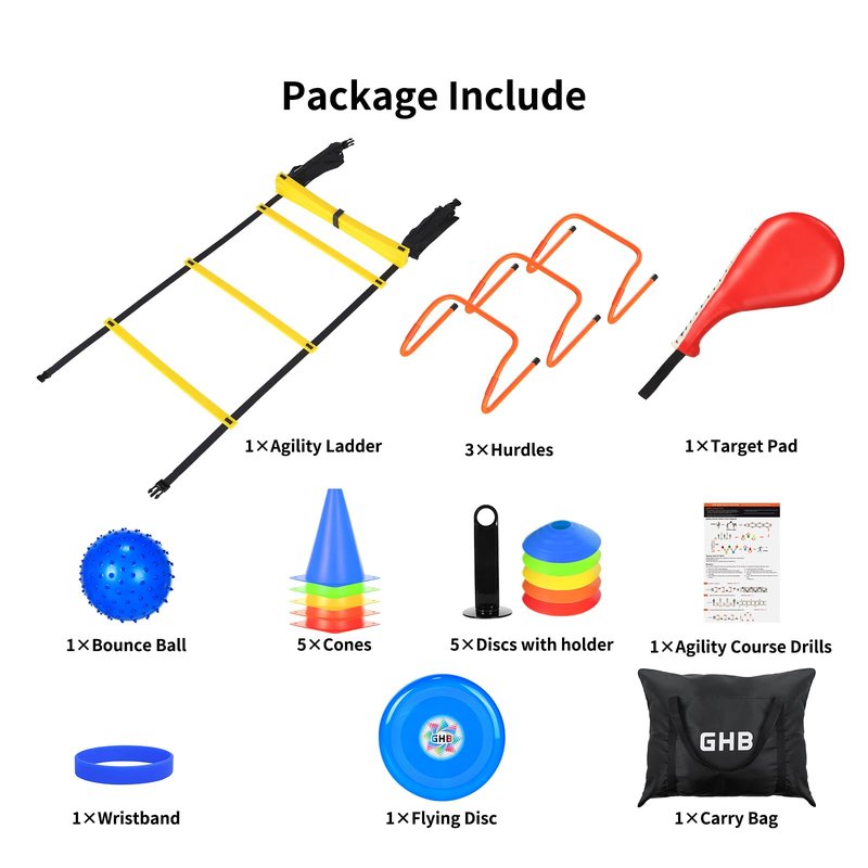GHB Agility Ladder,Football Agility Training Equipment Set,3 Agility Hurdles,20 feet 12 Rungs Speed Ladder 5 Discs 5 Cones Target pad Bounce Balls ect for Football Basketball Workout Training