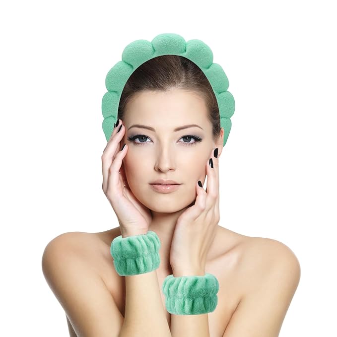 Spa Headbands for Washing Face, Makeup and Skincare. 4 Pc Set of Skin Care Head band with Wristbands. Puffy Terry Cloth, Non Slip Get Ready Hairband for Women, Teens, Girls. Cute Hair Accessories.