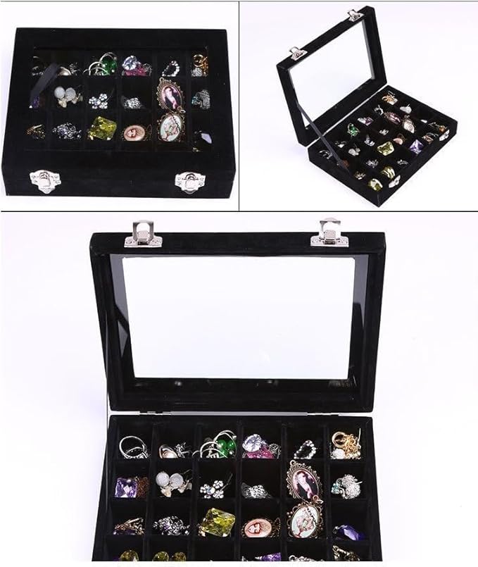 Velvet Jewelry Box 24 Grid Jewelry Earrings Display Organiser Box Ring Tray Holder Earrings Storage Case for Girls Women Wife Mom (Black)
