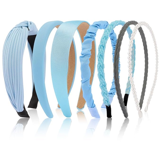 AHONEY 7 Pack Light Blue Headbands for Girls Women Headbands Trendy Non Slip Hairbands Cute Hair Accessories Multi-style Preppy Headband Pack Diademas Para Mujer
