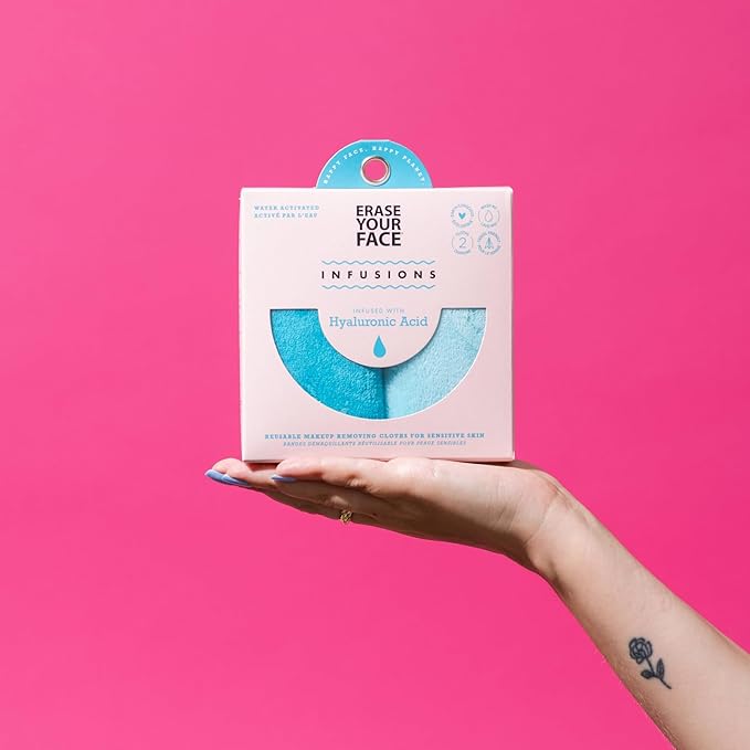 ERASE YOUR FACE Infusions Reusable Makeup Remover Cloths - Hydrating Makeup Wipes Infused with Hyaluronic Acid - Water Activated & Suitable for Sensitive Skin (2 Count)