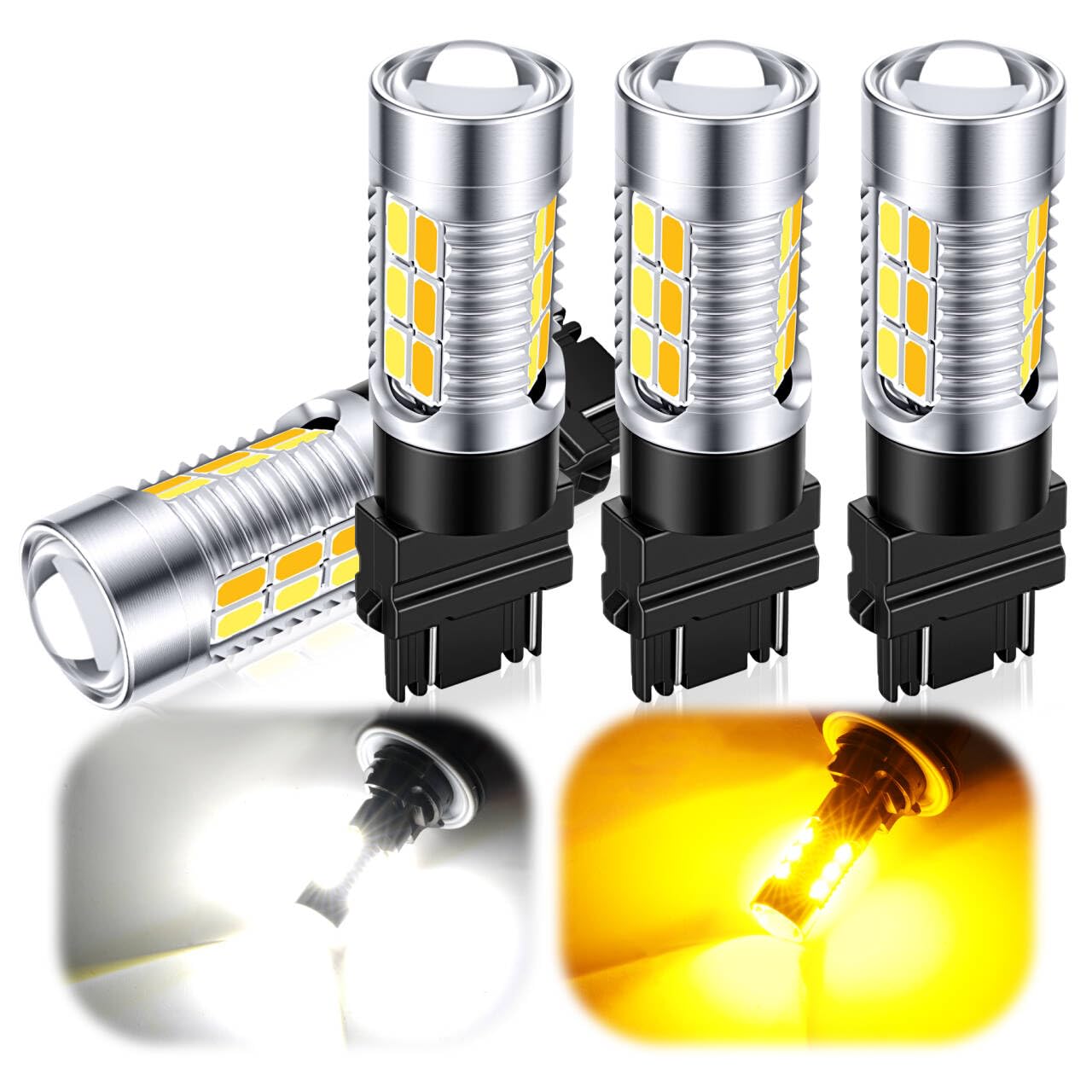 iFunyLED 3157 Switchback Led Turn Signal Bulbs Super Bright 3057 3357 3457 4157 LED Replacement light Kit Set for Car Daytime Running Turn Signal Blinker Lights, pack of 4, Xenon White/Amber Yellow