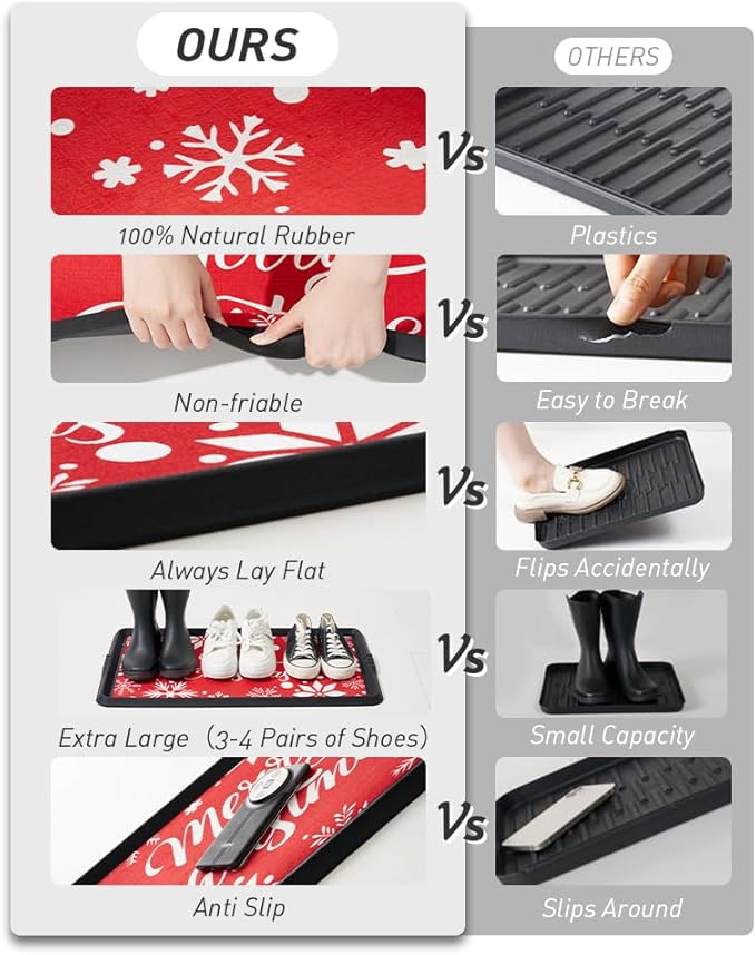 Christmas Boot Tray Mat - Heavy Duty Snow & Water Catch Tray, Waterproof Rubber Shoe Mat with Lip for Entryway, Indoor & Outdoor Holiday Decor Storage (16"x27.5")