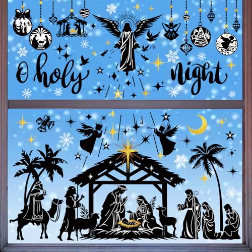 wondever Jesus Nativity Scene Window Clings Holy Night Religious Silhouette Christmas Glass Sticker Decal Anti Collision Double-Side Static Window Decals for Home Xmas Holiday Party