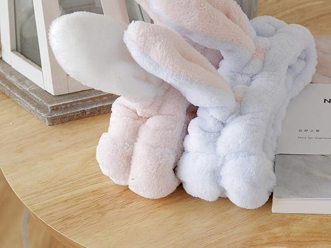 bouti1583 Women Fashion Soft Flannel Bunny Ear Makeup Cosmetic Shower Elastic Headband 2Pcs