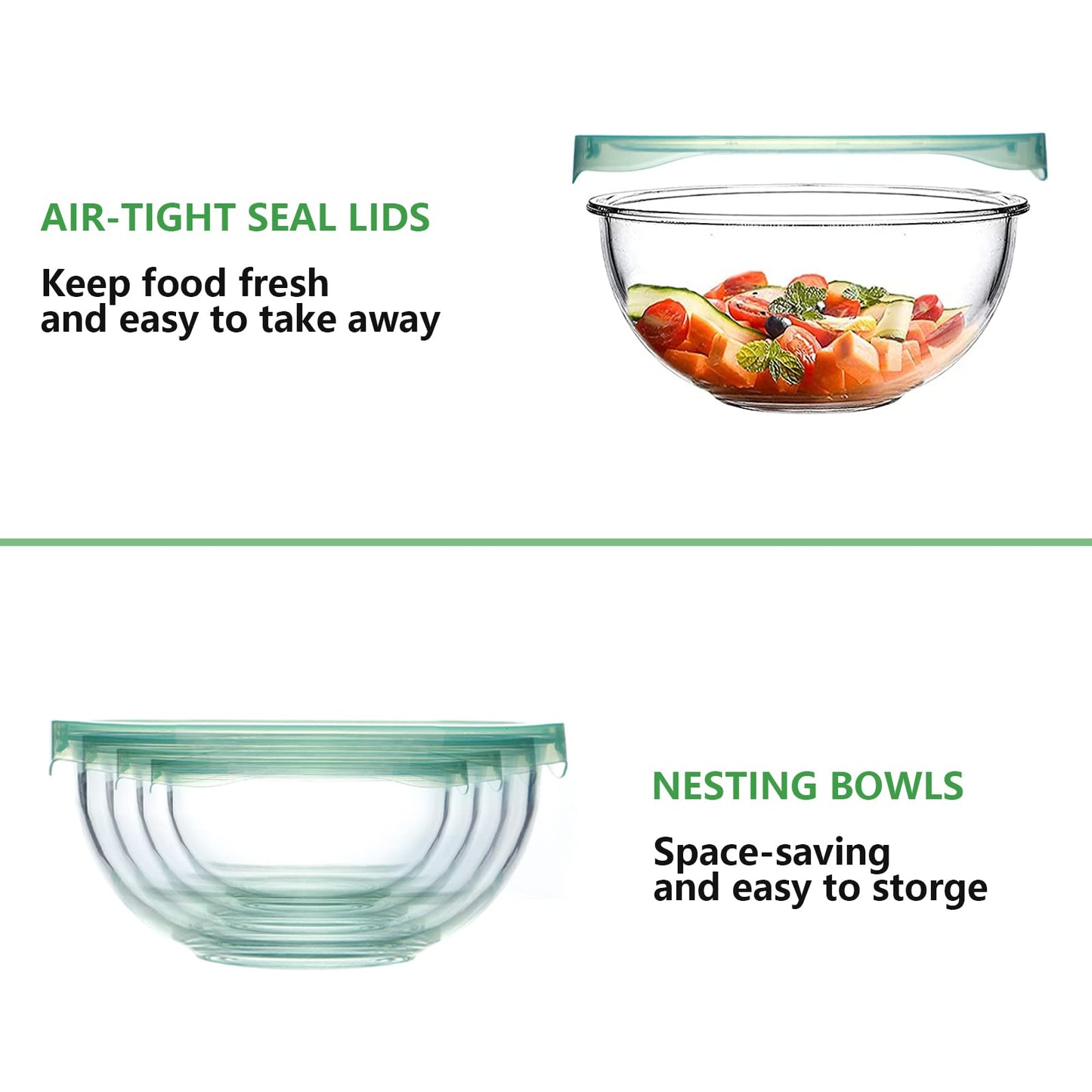 WhiteRhino Glass Mixing Bowl with Lids Set of 4,(1,1.5,2.5,3.7) Large Salad Bowl,Space-Saving Stacking Bowl for Kitchen Food Storage,Glass bowl for Cooking,Baking
