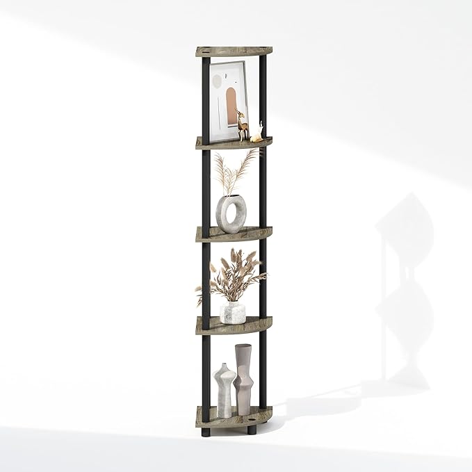 Furinno Turn-N-Tube Storage Shelves, 5-Tier Book Shelf, Corner Shelf, Toolless Open Shelves, for Organization and Storage, Living Room, Home Office, Hallway, Bedroom, French Oak