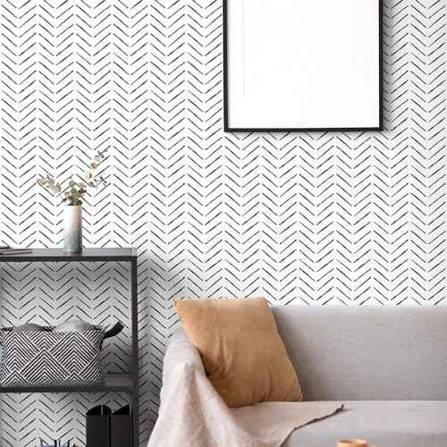 Rugreat Herringbone Peel and Stick Wallpaper Modern Stripe Contact Paper for Cabinets Neutral Self Adhesive Removable Wallpaper for Bedroom Bathroom Waterproof Black and White 78.8inL17.3inW