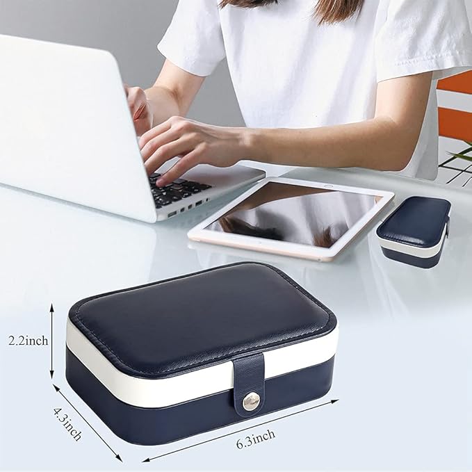 Hatori Travel Jewelry Box, PU Leather Small Jewelry Organizer for Women Girls, Portable Mini Travel Case Display Storage Holder Boxes for Stud Earrings, Rings, Necklaces, Bracelets (Blue)