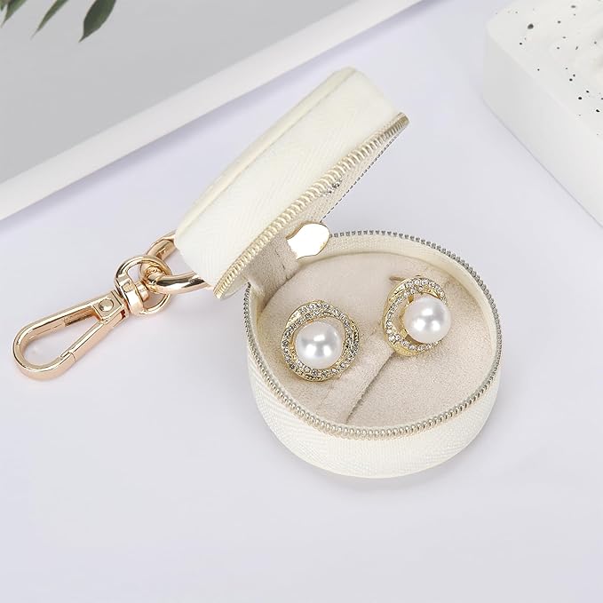Jewelry Ring Holder Box with Keychain, Portable Gym Jewelry Storage Box Case, Small Travel Ring Earring Stud Necklace Storage Case (White)