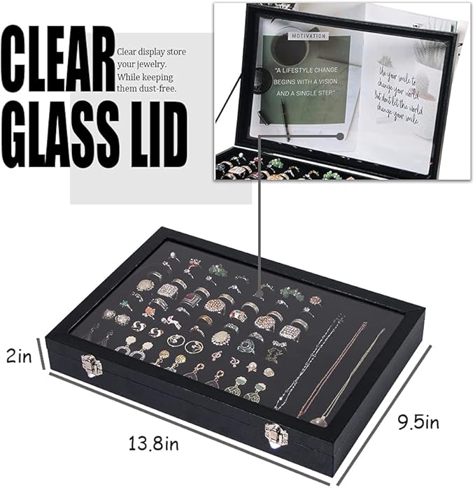 Ring Holder Organizer Box, Jewelry Display Case, Earring Necklace Storage Tray With Top Glass Lid (Black, 100 Slots)