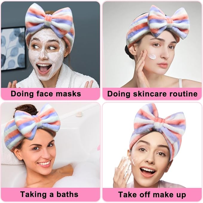 Shintop Women Fashion Lovely Soft Carol Fleece Bowknot Bow Makeup Cosmetic Shower Elastic Hair Band Hairlace Headband (Purple Stripe)