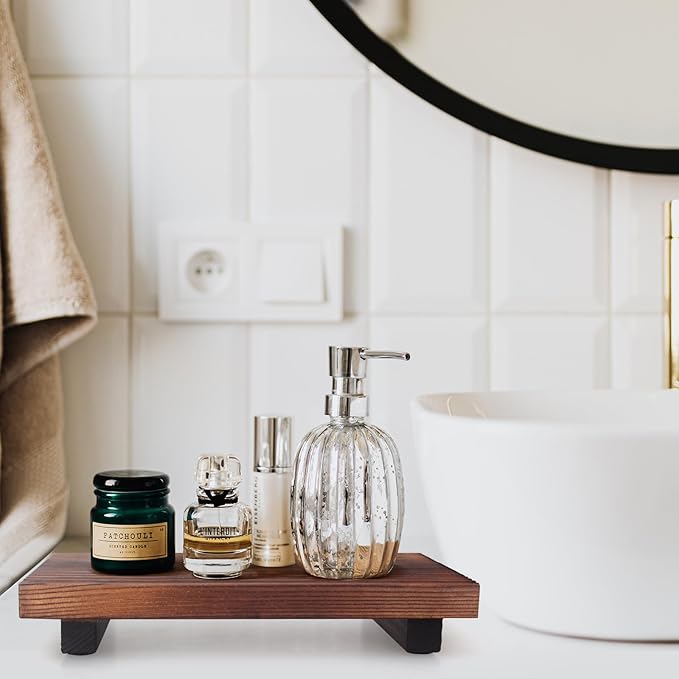 Farmhouse Wooden Bathroom Tray Small Kitchen Countertop Trays Decorative Wood Riser Pedestal Stand Dish Soap Dispenser Holder for Kitchen Counter Bathroom Sink Organizer Accessories Decor Vanity Tray