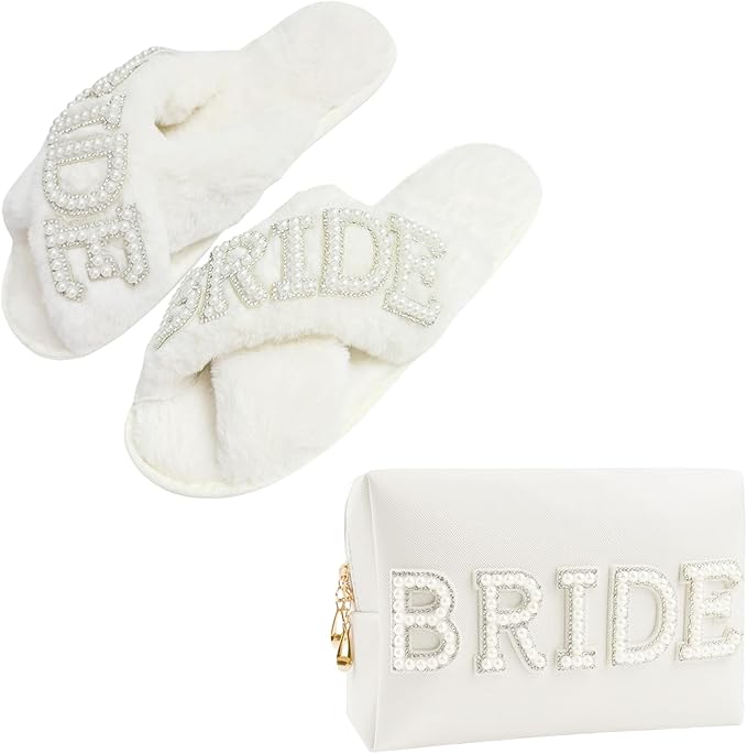Bridal Shower Gifts, Bride to Be Letter Makeup Bag with Pearl Rhinestone Fuzzy Bride Slippers Wedding Engagement Gifts for Her, Bachelorette gifts