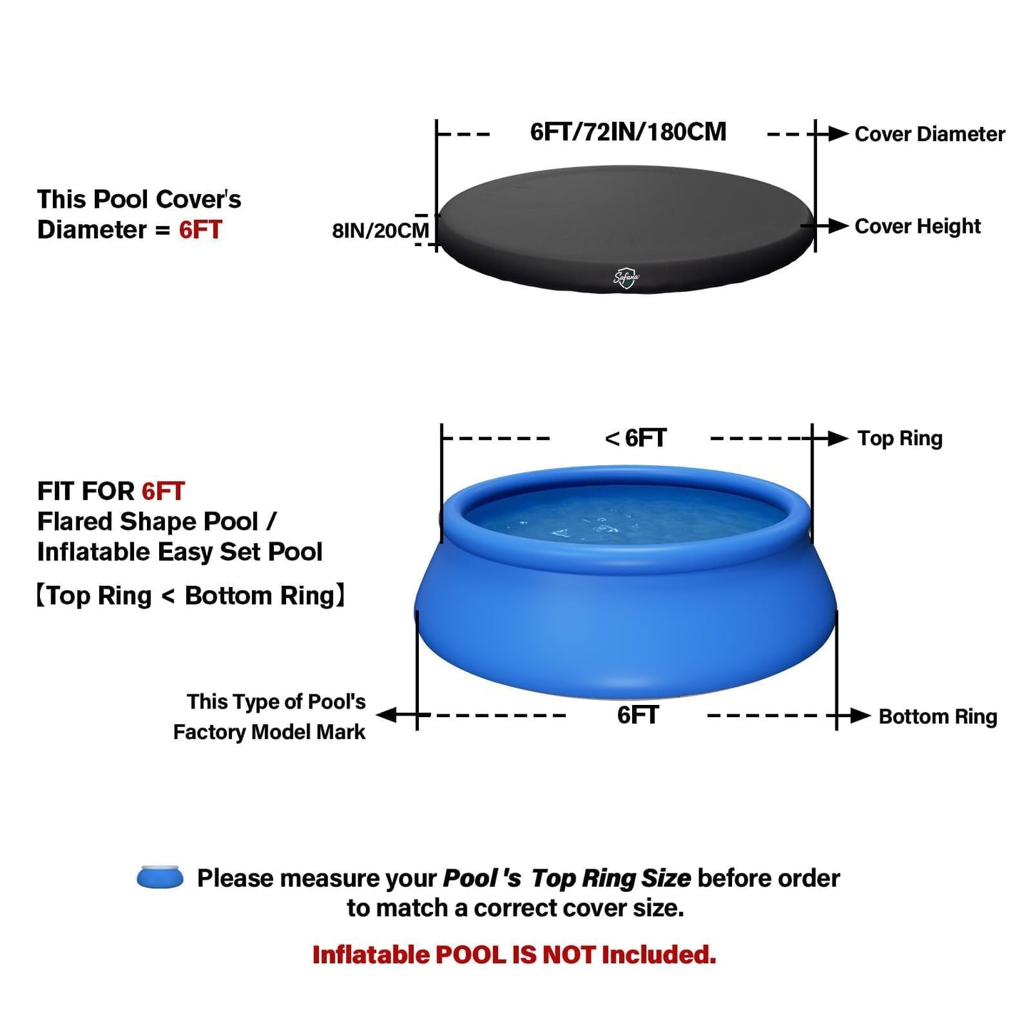 SAFANA 6ft Inflatable Pool Covers for Above Ground Pools Round Pool Cover for Inflatable Easy Set Pool with Elastic Band, Swimming Pool Windproof Dustproof