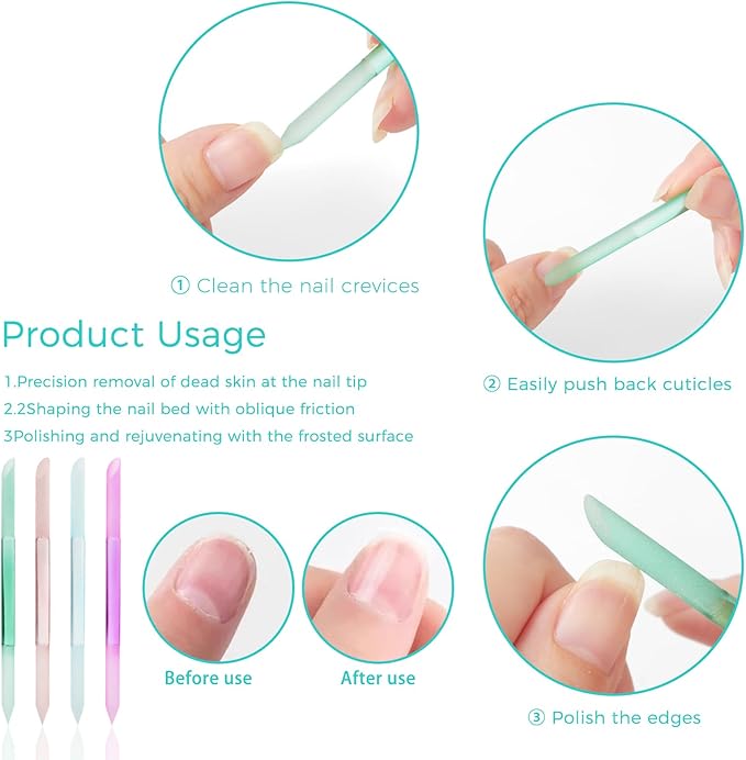 JERCLITY 4 Pieces Double-Ended Glass Nail Files Glass Cuticle Pusher Cuticle Stick Set Nano-Frosted Nail Polished Crystal Glass Rod Manicure Pedicure Pusher Tools(Peach Pink/Purple/Cyan/Green)