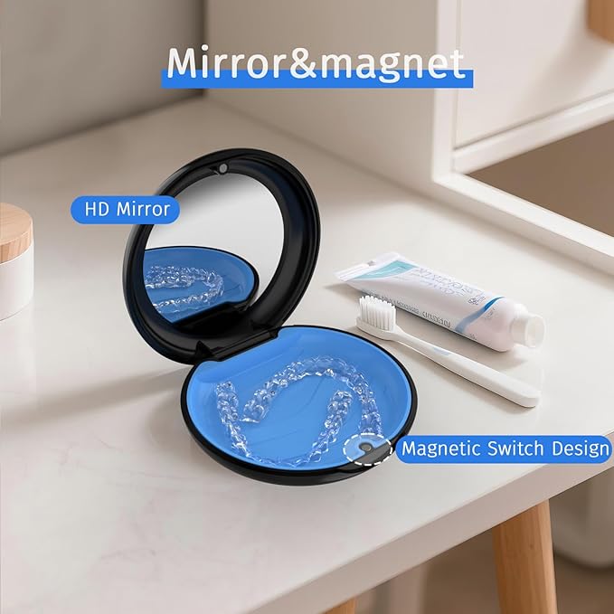 2 Pack Retainer Case with Mirror, Compatible with Invisalign, Slim Aligner Case for Travel, Includes Removal Tools, Seaters & Brush, Magnetic Secure Closure Retainer Box - Black