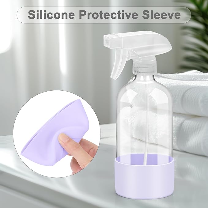 Worldgsb 2 Pack Glass Spray Bottles with Silicone Sleeve, 16 oz Empty Refillable Containers with Adjustable Spray Nozzles, Spray Bottles for Hair, Cleaning Solutions and Plants Purple