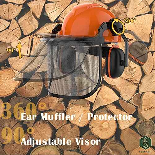 GardenPal Industrial Forestry Safety Helmet and Hearing Protection System, with Mesh Face Protection, Safety Helmet with Ear Muffs, Chainsaw Helmet, Chainsaw Face Shield, (Orange)