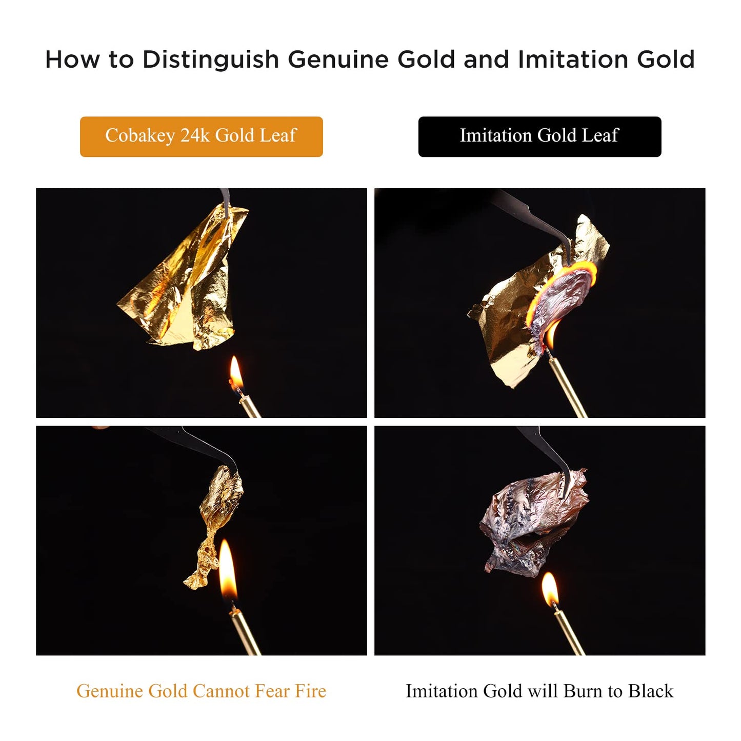 Cobakey Genuine Edible Gold Leaf Flakes - 50mg Edible Gold Flakes for Cake Decoration (Cupcake, Chocolate, Steak, Drink & Cooking), PureGold Leaf with Edible Glitter & Wooden Tweezers